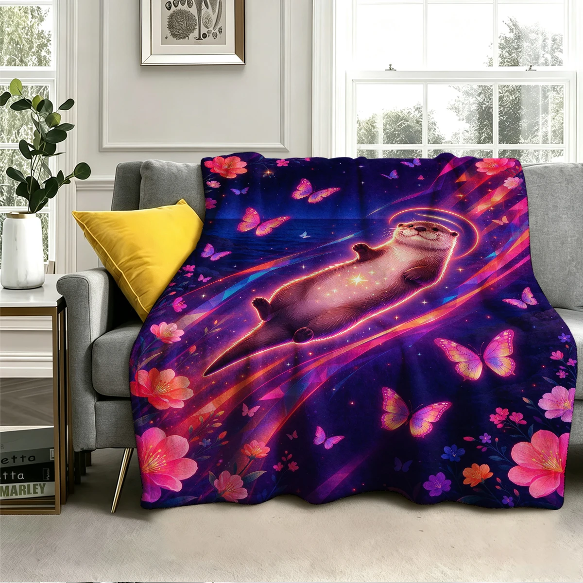 Otter Floating Halo Neon Flannel Blanket Warm Soft Halloween Christmas Decorative Couch Warm Cozy All-Season Gift