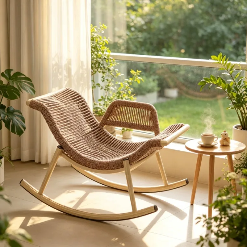 Modern Rattan Rocking Chair for Home Living Room Balcony Garden Outdoor Lazy Lounge Single Seat Vintage Style Comfortable