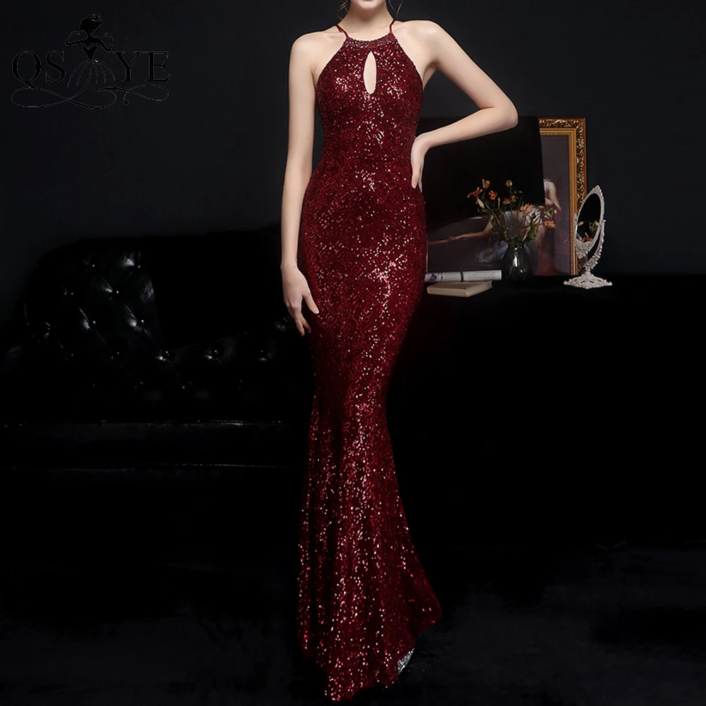 

Beading Halter Neck Burgundy Evening Dresses Mermaid Keyhole Prom Gown Sequin Red Party Formal Elegant Fitted Celebrity Dress