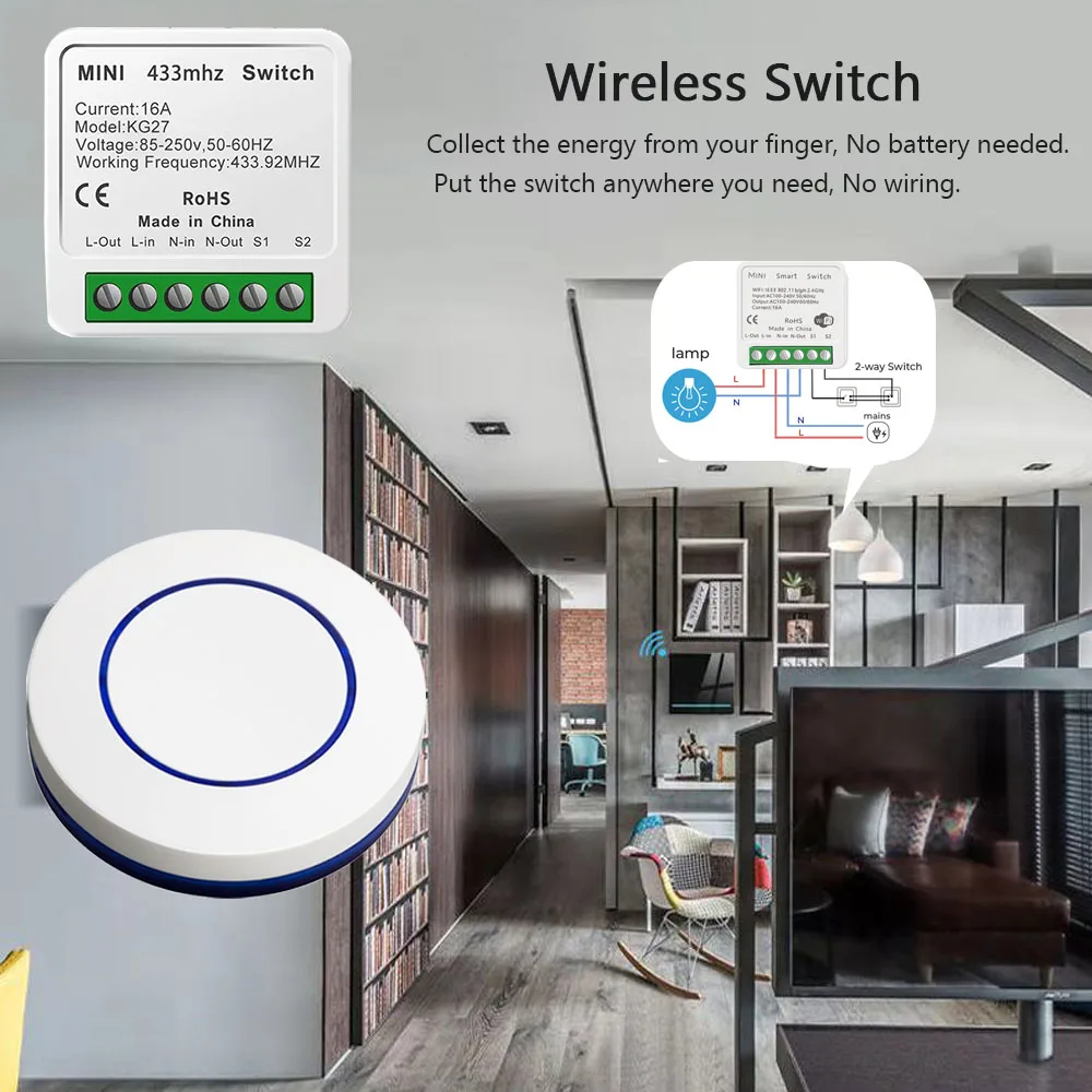 Wireless Light Switch 433mhz Rf Mini Round Push Button Wall Panel Switch 16A 220V Relay Receiver Can Connect Traditional Switch