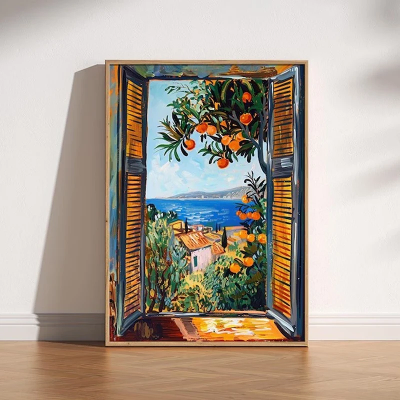 Open Window Henri Matisse Print, Henri Matisse Style Fauvism Painting,Mediterranean Sea,Orange Tree,Coastal View Canvas Poster