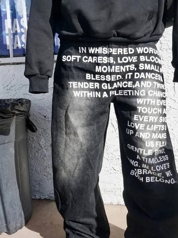 

Vintage Pattern Lettering Faionable Casual Wideleg Jeans Loose Fit Straight Leg Pants Faionable Urban Sle Wear for Men