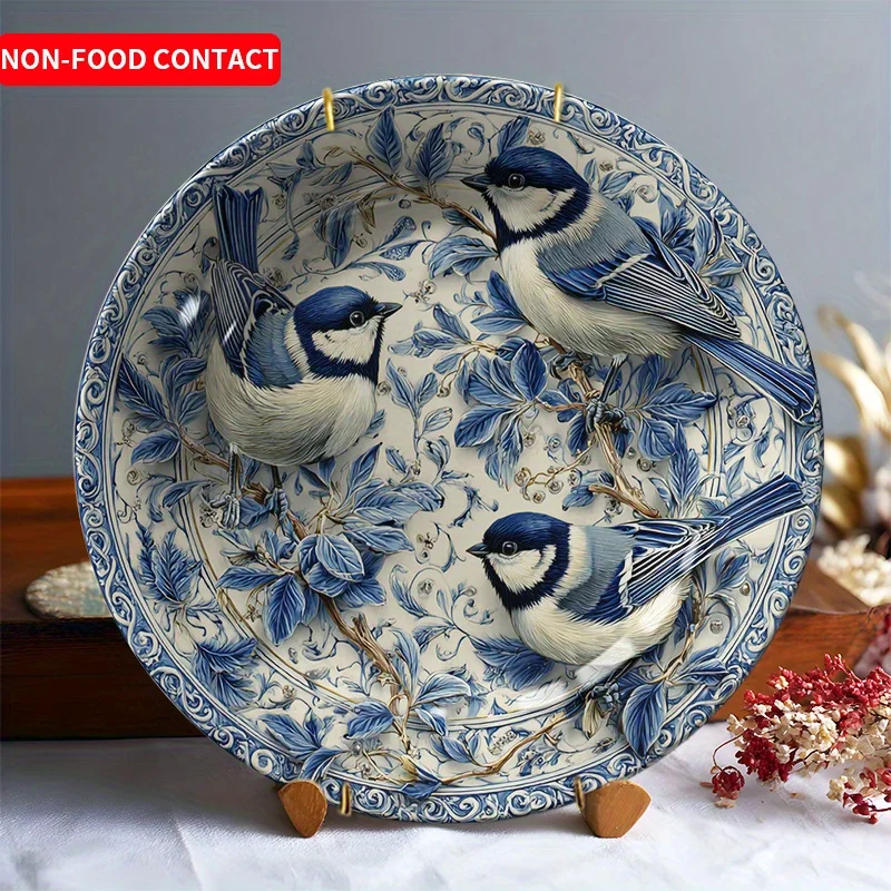 1pc Blue Leaf Pattern Ceramic Decorative Plate Three Birds Theme Home Decoration Living Room Dining Table Art Plate Non-Food
