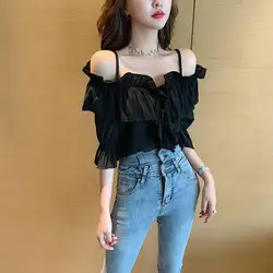 Sexy Ruffled Off Shoulder Slim Tops Summer New Short Sleeve Solid Patchwork Sweet T Shirts Fashion Temperament Women Clothing