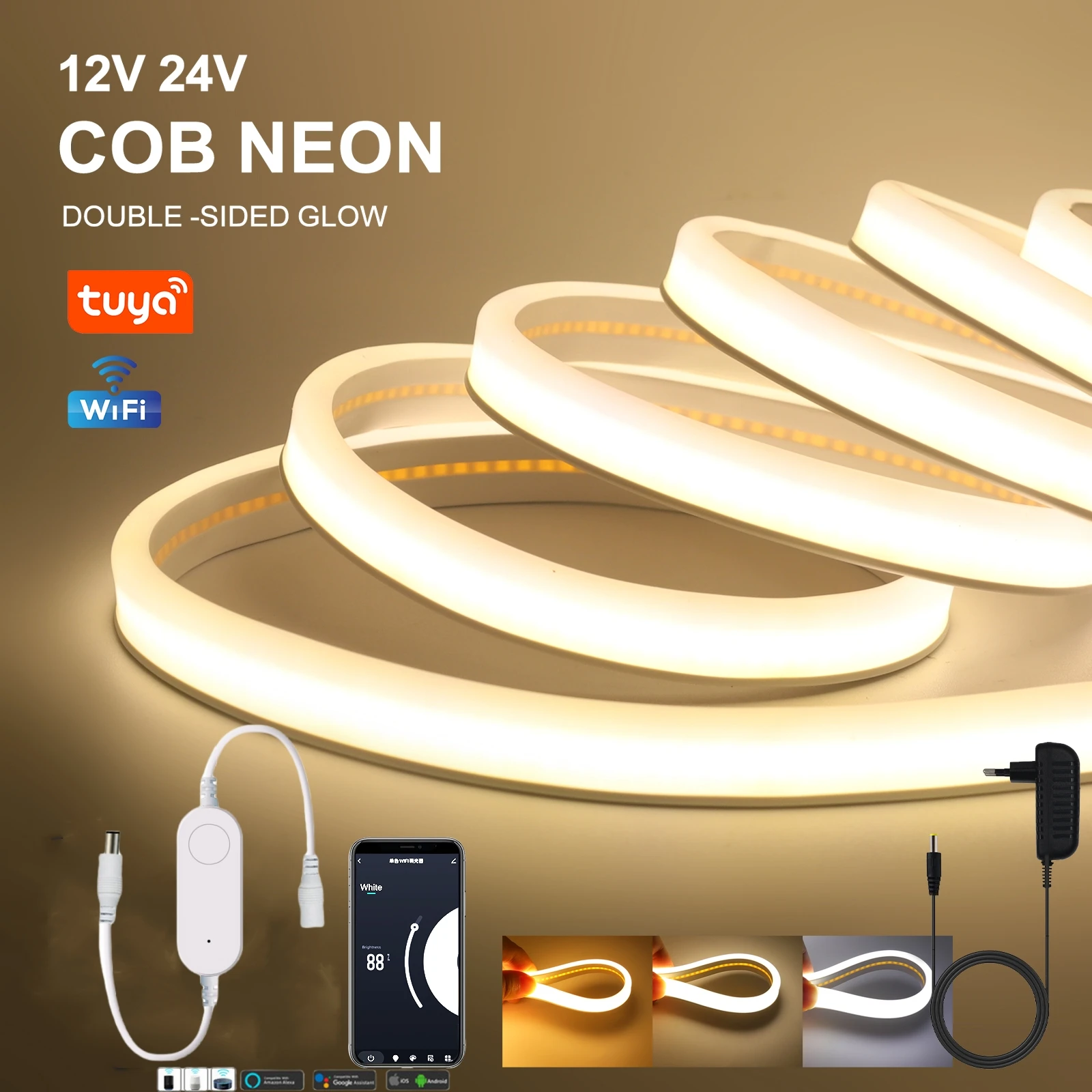 Imagem -02 - Tuya Smart Wifi Cob Neon Led Strip Light Tubo de Sílica Gel Luz de Fundo de Fita Faça Você Mesmo Diode Lamp Funciona com Alexa Google Home 320leds por m 10m