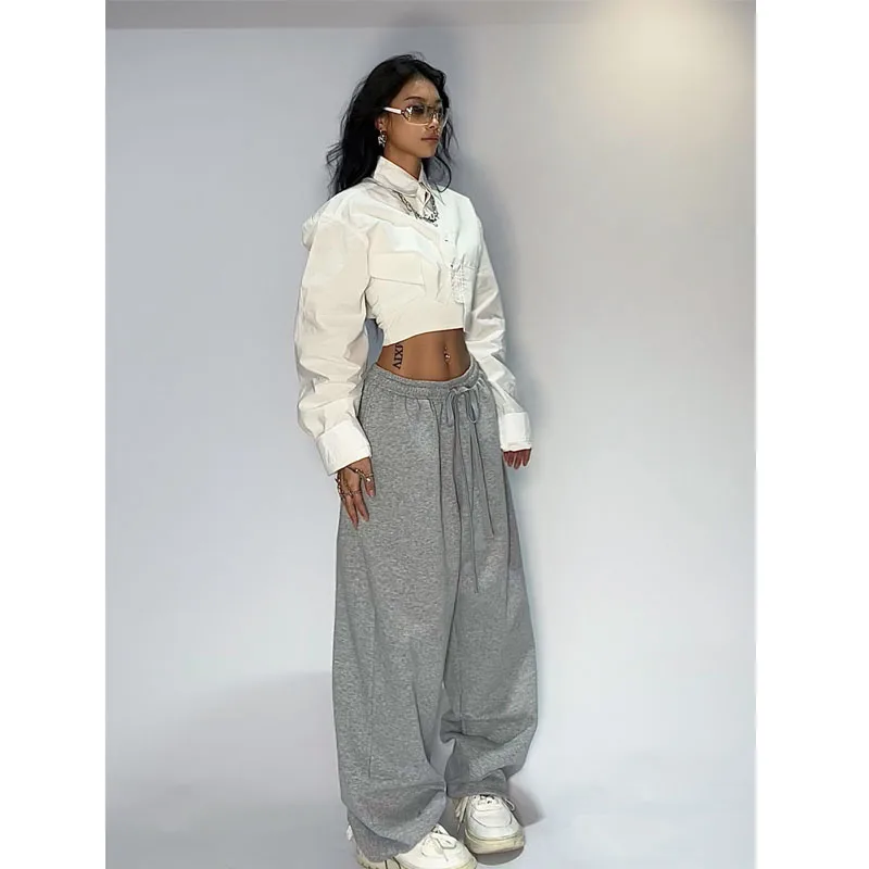 Classic Baggy Streetwear Female Oversized Sports Trousers All-match HOUZHOU Casual Gray Sweatpants Women Wide Leg Black Joggers