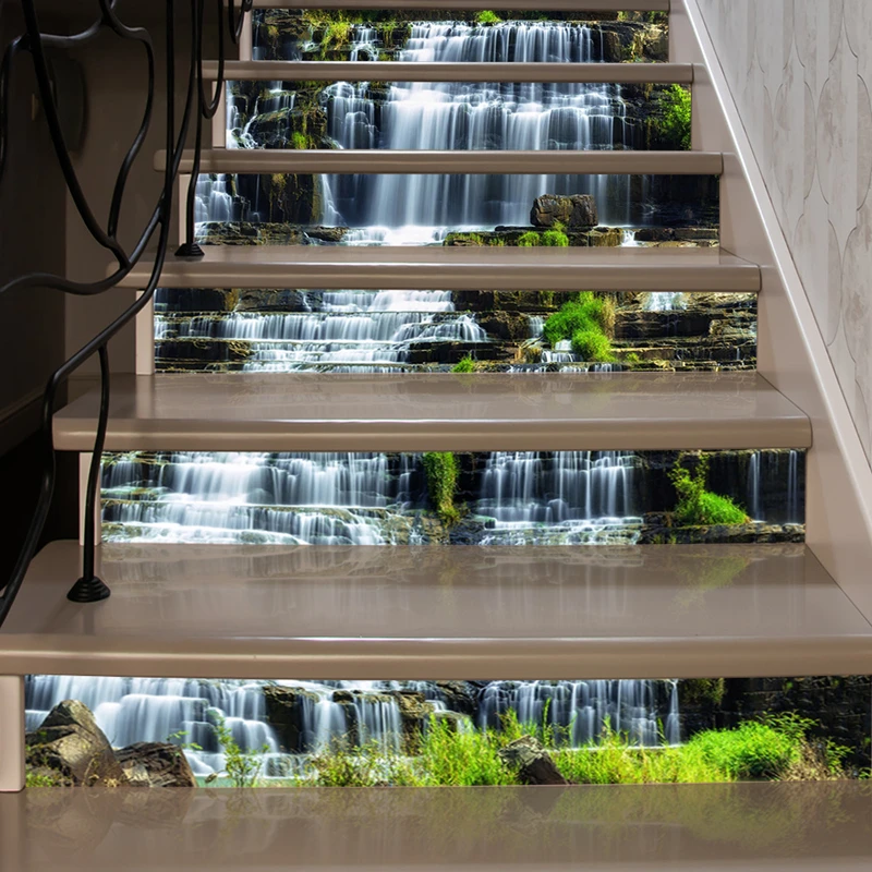 Aesthetic Rooms Stair Steps Art Mural Green Mountains Waterfall View Vinyl Staircase Stickers Self Adhesive for Home Decorations