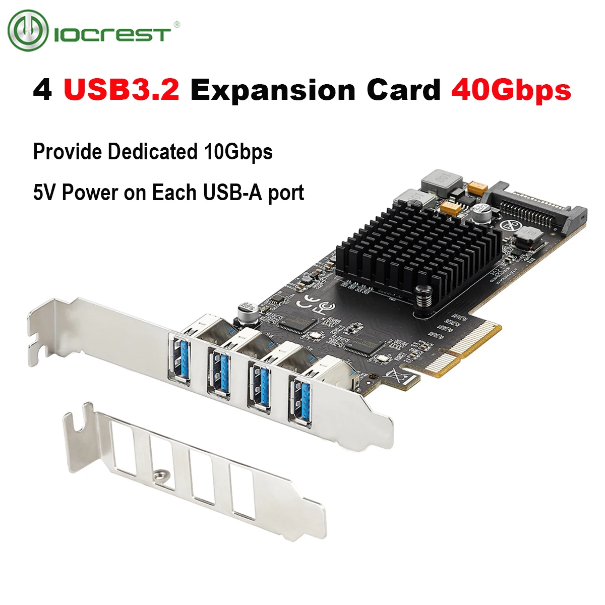 

IOCREST Host Expansion Controller Pcie 3.0 X4 to 4 Ports USB3.2 Gen2 Type-a Dedicated 10Gbps USB 3.2 Transfer Bandwidth for Each