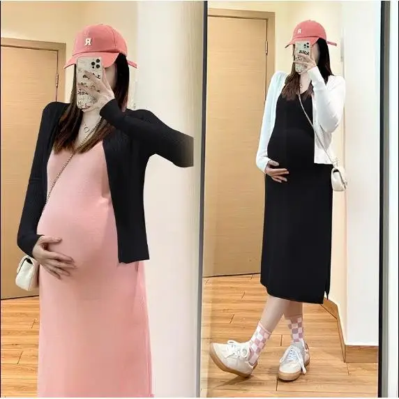 

Spring New Faion Joker Casual Long Sve V-Ne Materni Spwear Mid-Length Dr Home Clothes for Pregnant Women