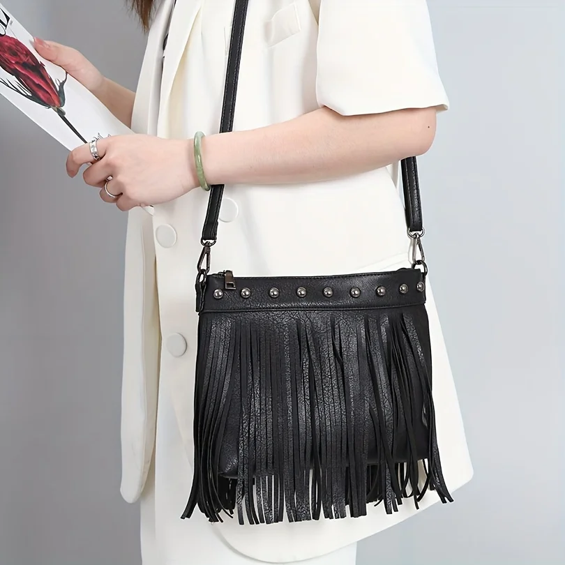 

Leather Fringe Crossbody Bag, Women's Trendy Tassel Shoulder Purse, Casual Fashion Handbag, Adjustable Strap