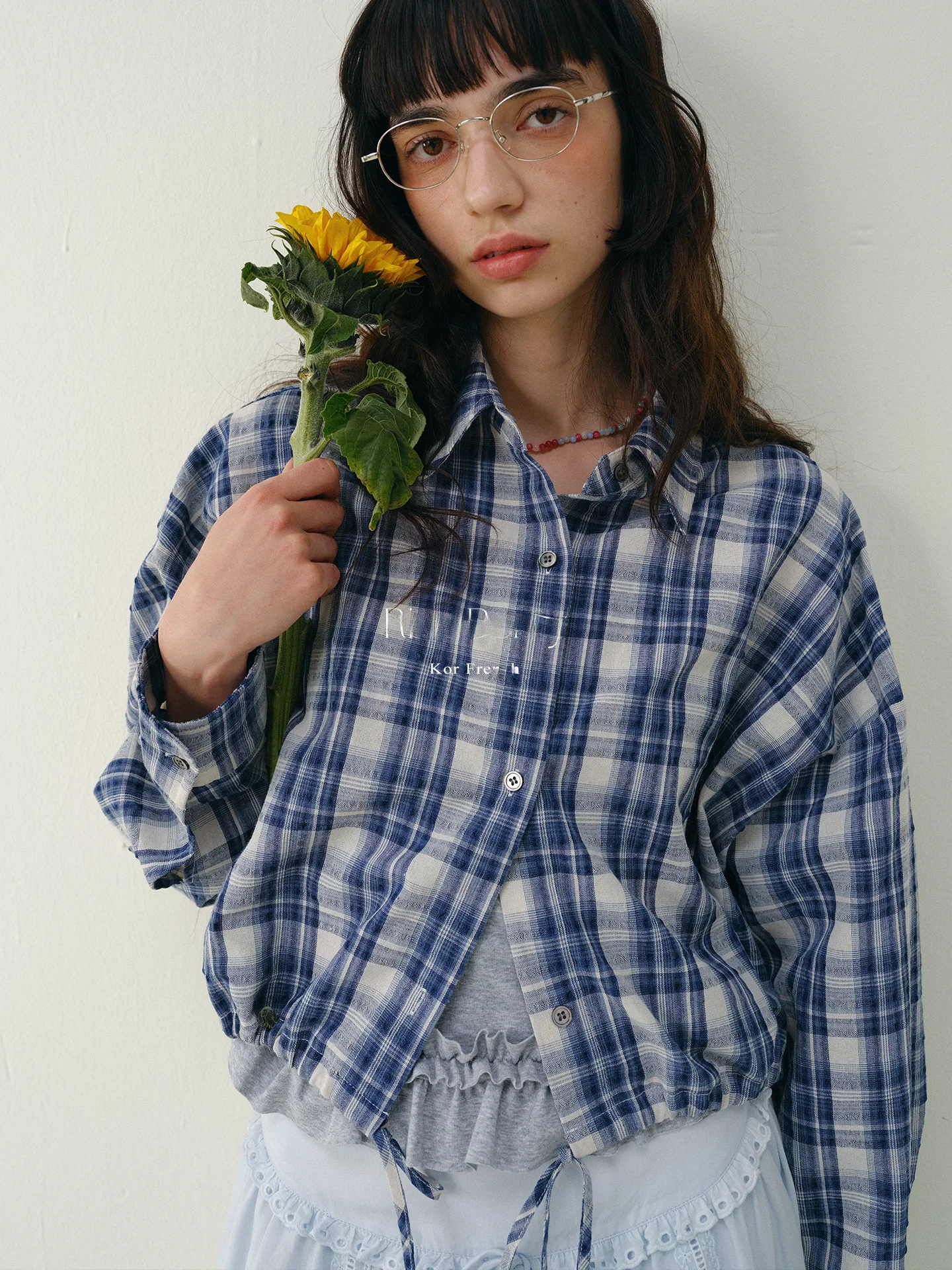 

Rina Berry Summer Short Plaid Loose Drawstring Design Versatile Thin Sun Protection Shirt Casual Style Cotton Long Sleeve