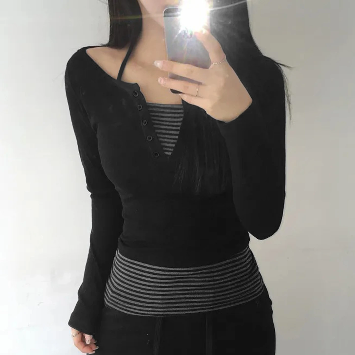 

Корейская футболка Sle Simple Color Blo Stripe Ne Hanging Long Sve, осенний универсальный базовый слой, женский топ...