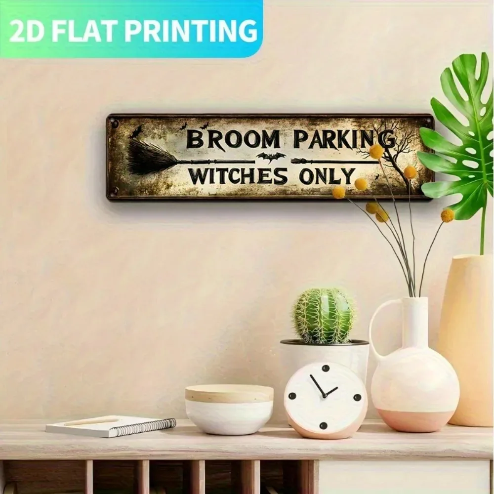 placa-de-metal-plana-2d-personalizavel-com-tema-bruxa-retro-e-estacionamento-4x16-polegadas-arte-de-parede-rustica-uso-decorativo-presente-Unico-de-halloween