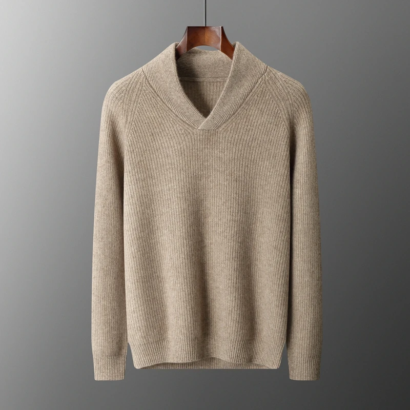 Autumn Winter Men's Cashmere Sweater Pullover Shawl Collar V Neck Vertical Ribbed Knit Classic Elegant Regular Casual Knit Top