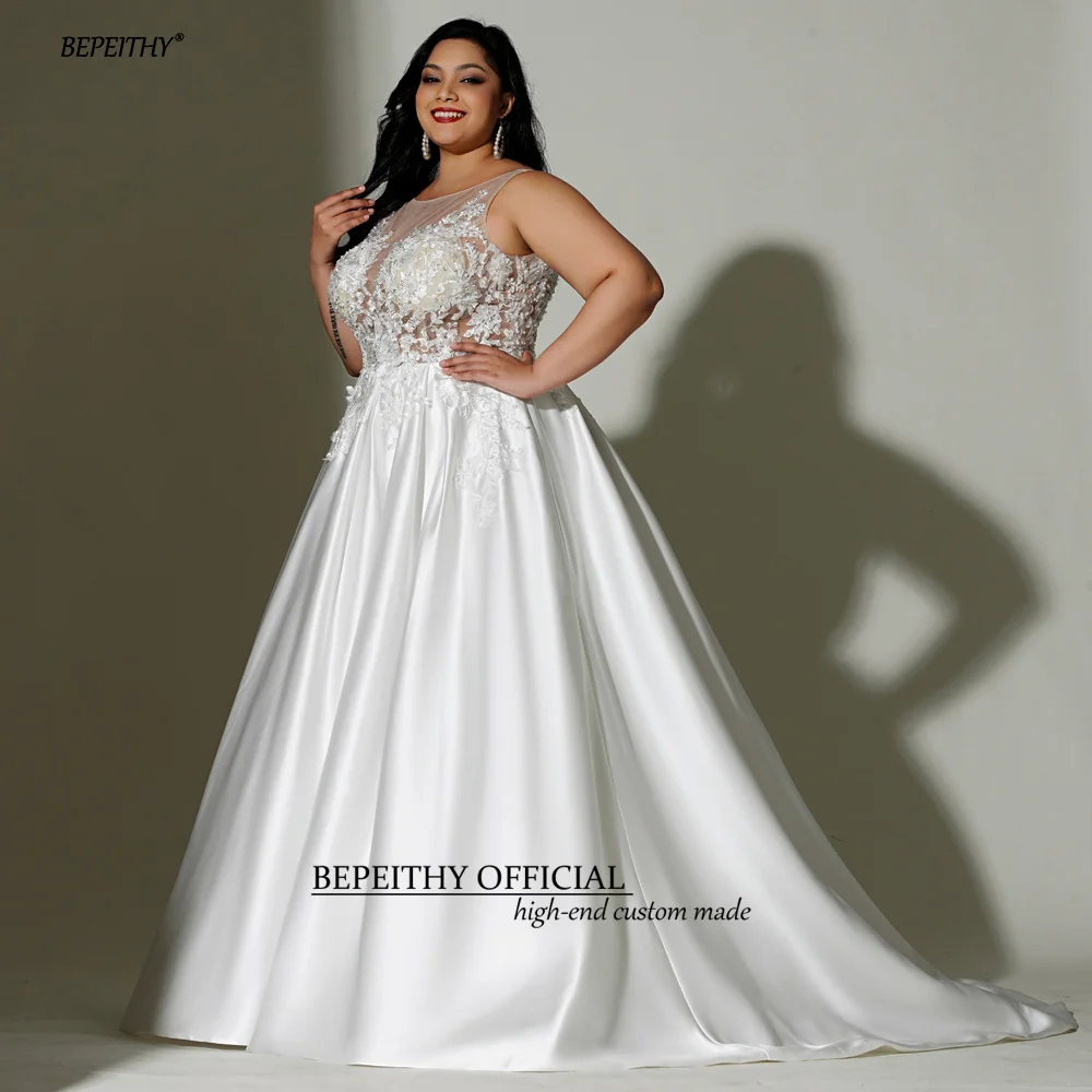 BEPEITHY Customized A Line Ivory Plus Size Satin Wedding Dresses For Women O Neck Sleeveless Sheer Sexy Curve Bridal Gowns