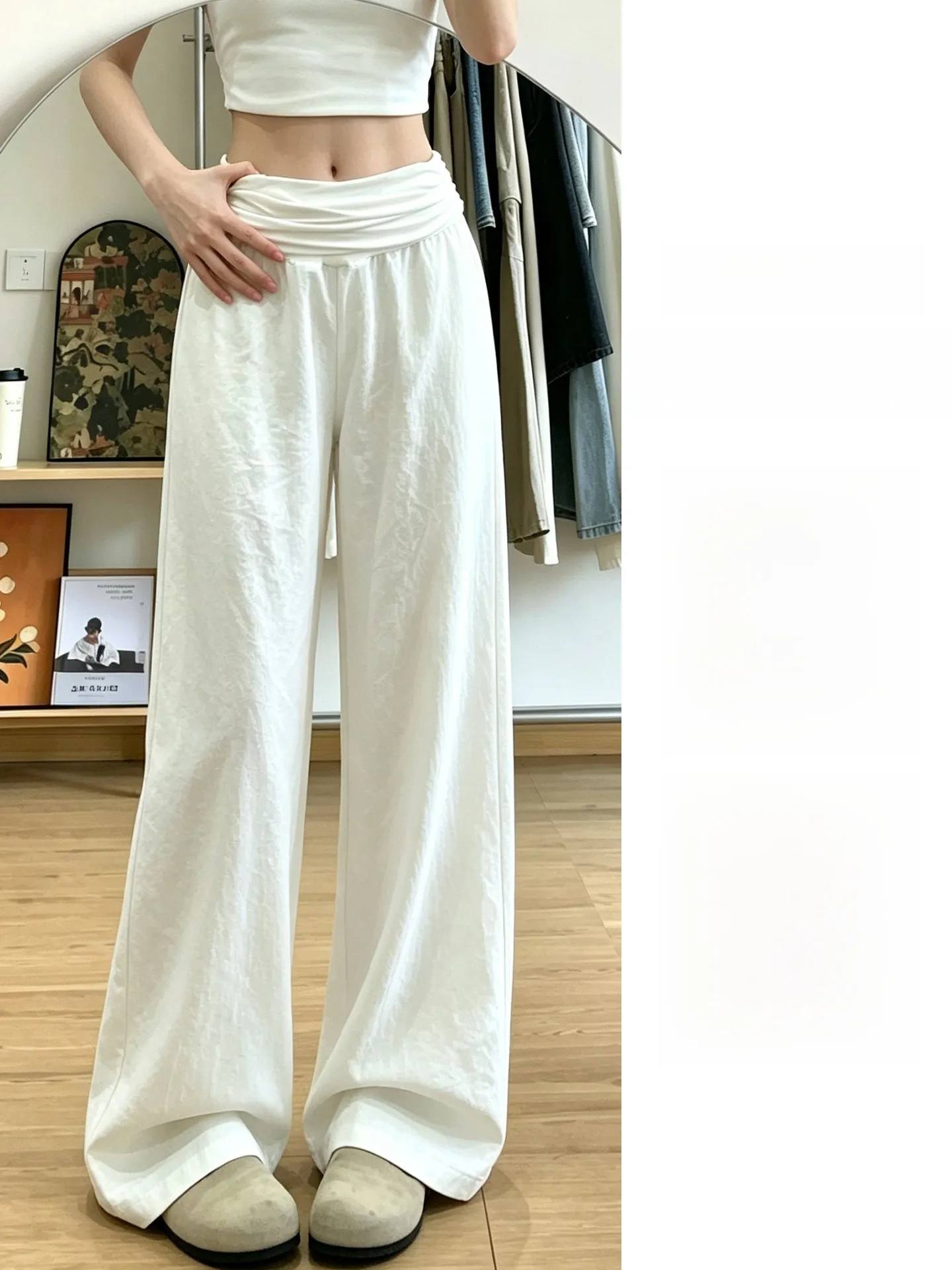 White Wide Leg Pants Women's Summer Loose Slimming Ice Silk Casual Trousers Flip Waist Lazy Style Polyester Fiber Ladies