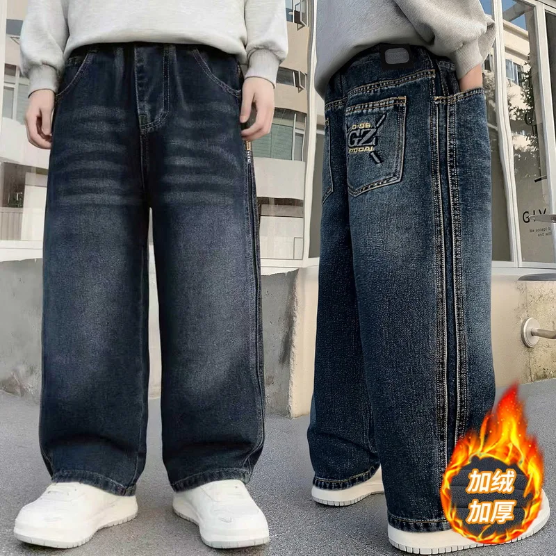 Kids Boy Winter Warm Slim Straight Insulated Jeans with Side Stripes Elegant Children Grey Color Thick Thermal Denim Pants 4-14Y