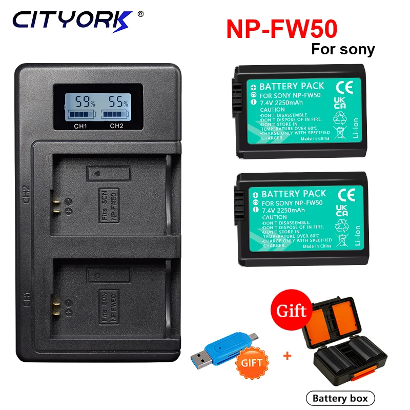 NP-FW50 np fw50 Camera Battery + LCD Dual Charger for Sony Alpha a6500 a6300 a6000 a5000 a3000 NEX-3 a7R a7S NEX-7 Storage Box