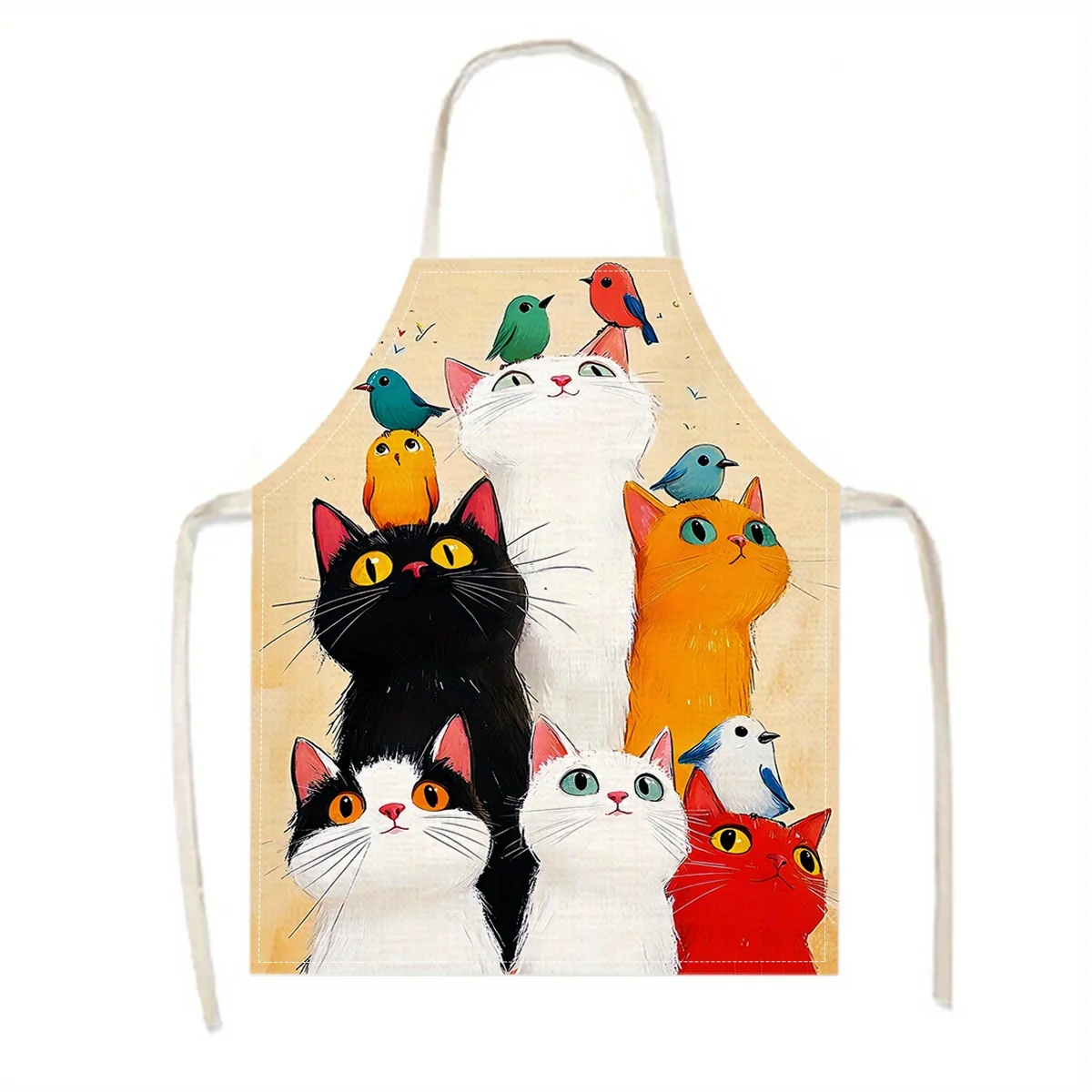 Cute Multi-Cat Pattern Apron, Funny Cartoon Kitten and Bird Graphic Cooking Bib, Pet Lover Kitchen Decor, Gift for Cat Mom