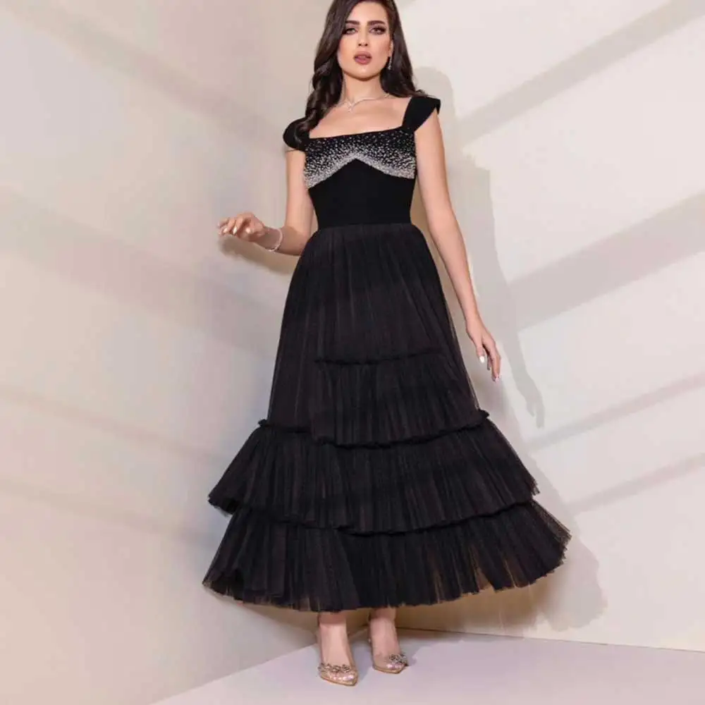 

A-Line Square Neck Tulle Evening Gown Crystal Dubai Women Tiered Draped Sleeveless Ankle-Length Prom Dress فساتين سهره فاخره