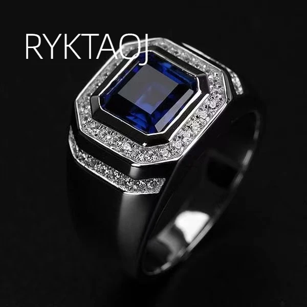 925 Sterling Silver Men's Ring Simulated Sapphire Double Halo Paved Cubic Zirconia Band Luxury Jewelry Gift for Him