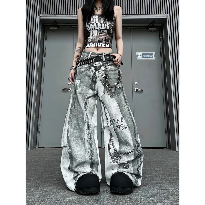 Women's Vibe Personality Print Trousers Unisex High Waist Sweatpants Cool Girl Bottoms Female Casual Wide Leg Graffiti Pants