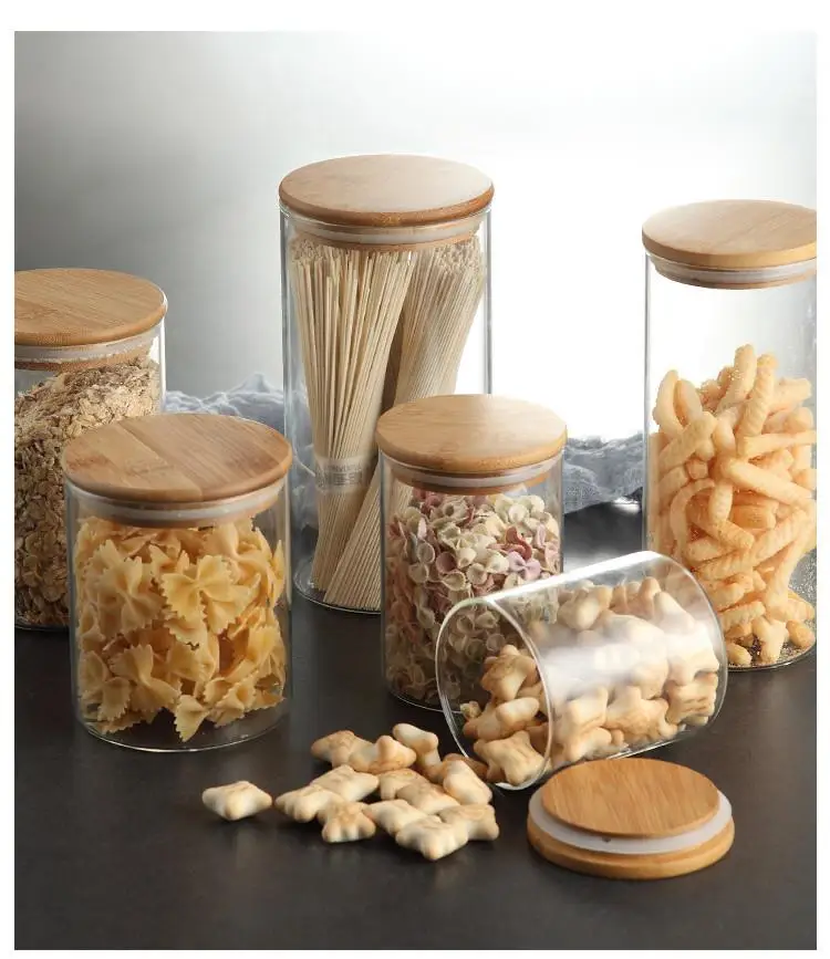 Transparent Glass Storage Food Container Kitchen Tea Sealed Cans Snacks Bottles Bamboo Wooden Frame