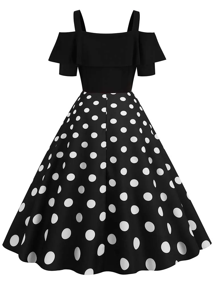 Off the Shoulder Elegant Vintage Party Dress Women Summer Polka Dot Ruffles A Line Midi Dresses