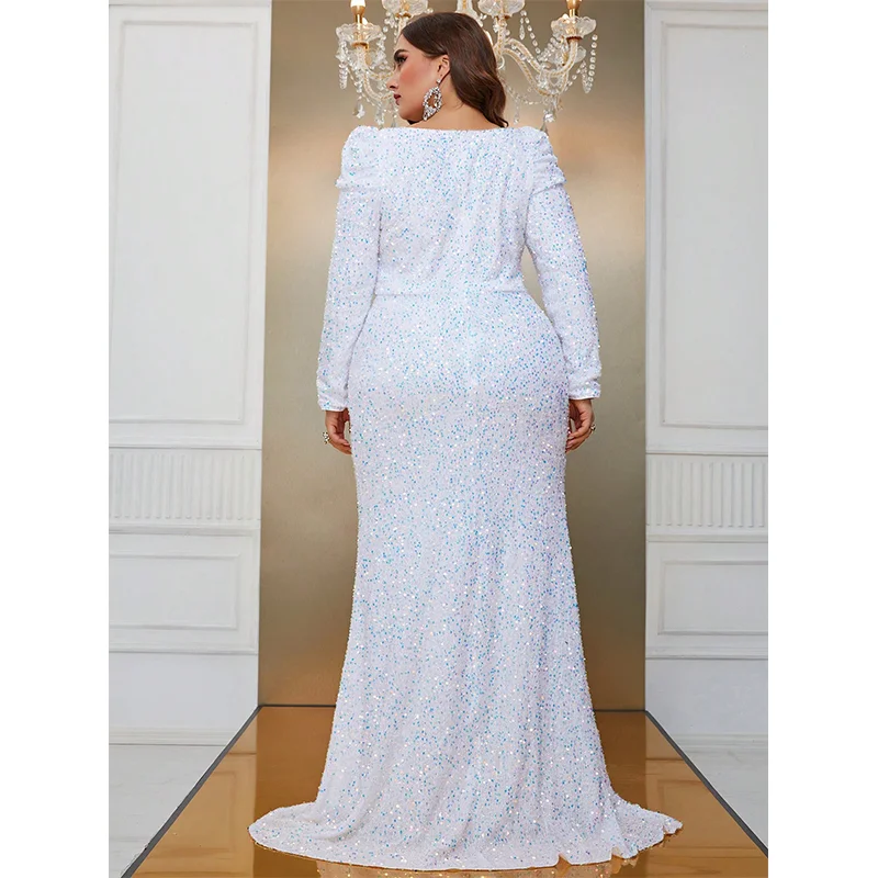 Plus Size Square Neck Sequin Luxury Extra Long Glitter Evening Gown Big Size Women Wedding Banquet White Sequin Evening Dress