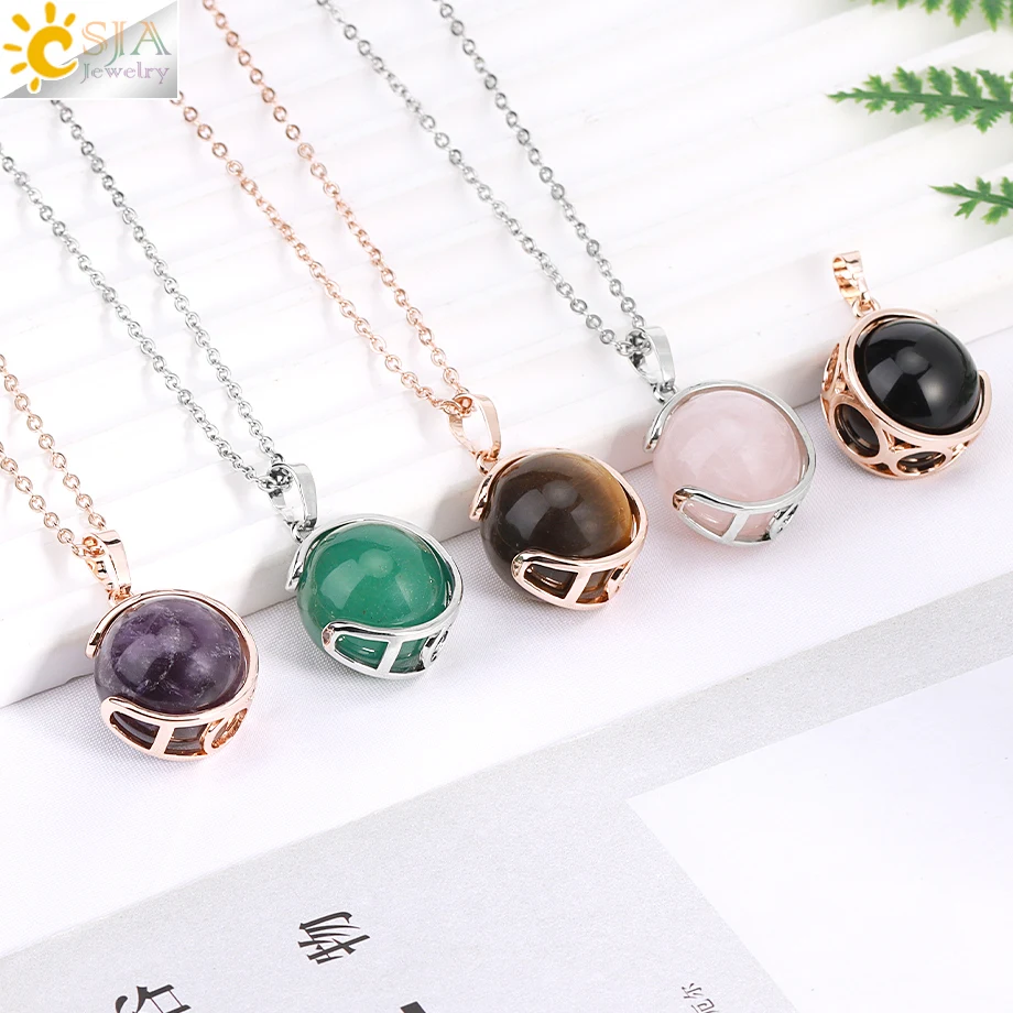 CSJA Natural Stone Round Bead Pendant Necklace for Man Women Amethysts Crystal Stainless Steel Chain Necklaces Jewelry H232