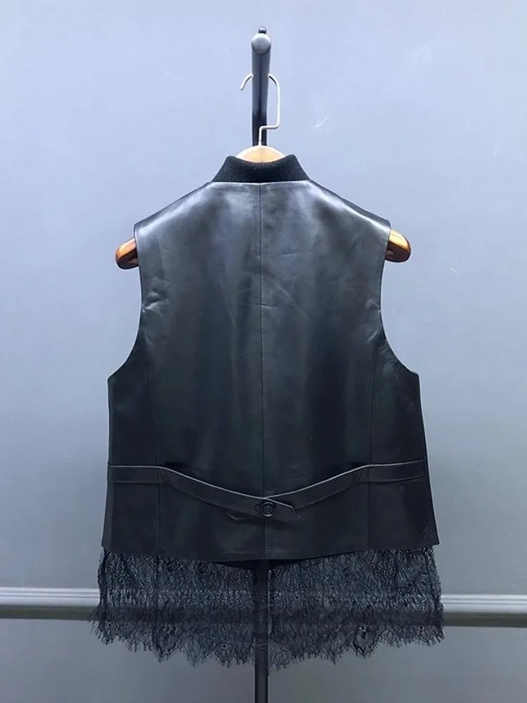 Fashion Women Versatile Lace Patchwork Sleeveless Tops Single Breasted V Neck Strap Sheepskin Genuine Leather Waistcoat Jacket