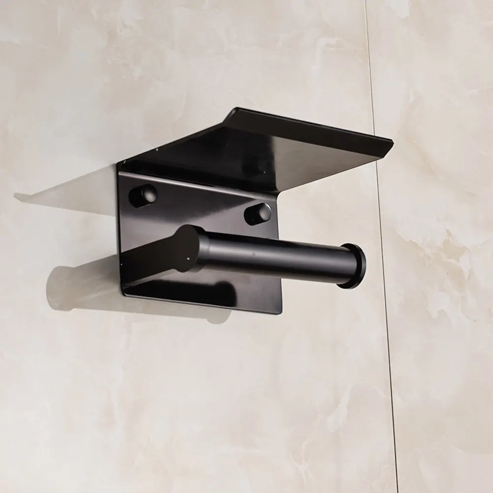 

2 in 1 Space Aluminum Tissue Holder Wall Mounted Paper Roll Storage Rack with Phone Shelf for Bathroom Hotel Bar Home Use Tissue