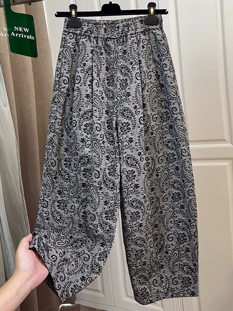 Retro Harem Pants Women's Summer Loose Fit Draped Cotton Linen Wide Leg Pants Nine Points Elastic Waist Printed Casual Trousers