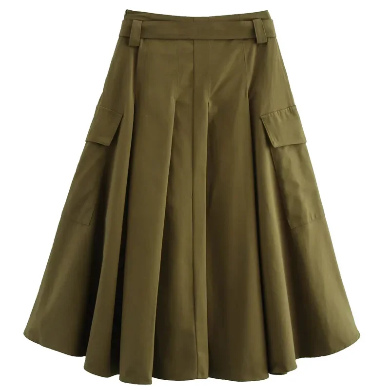 Falda TRAF para mujer, faldas Cargo verdes para mujer, faldas largas por debajo de la rodilla de cintura alta, falda de estilo coreano, faldas elegantes de moda 2024