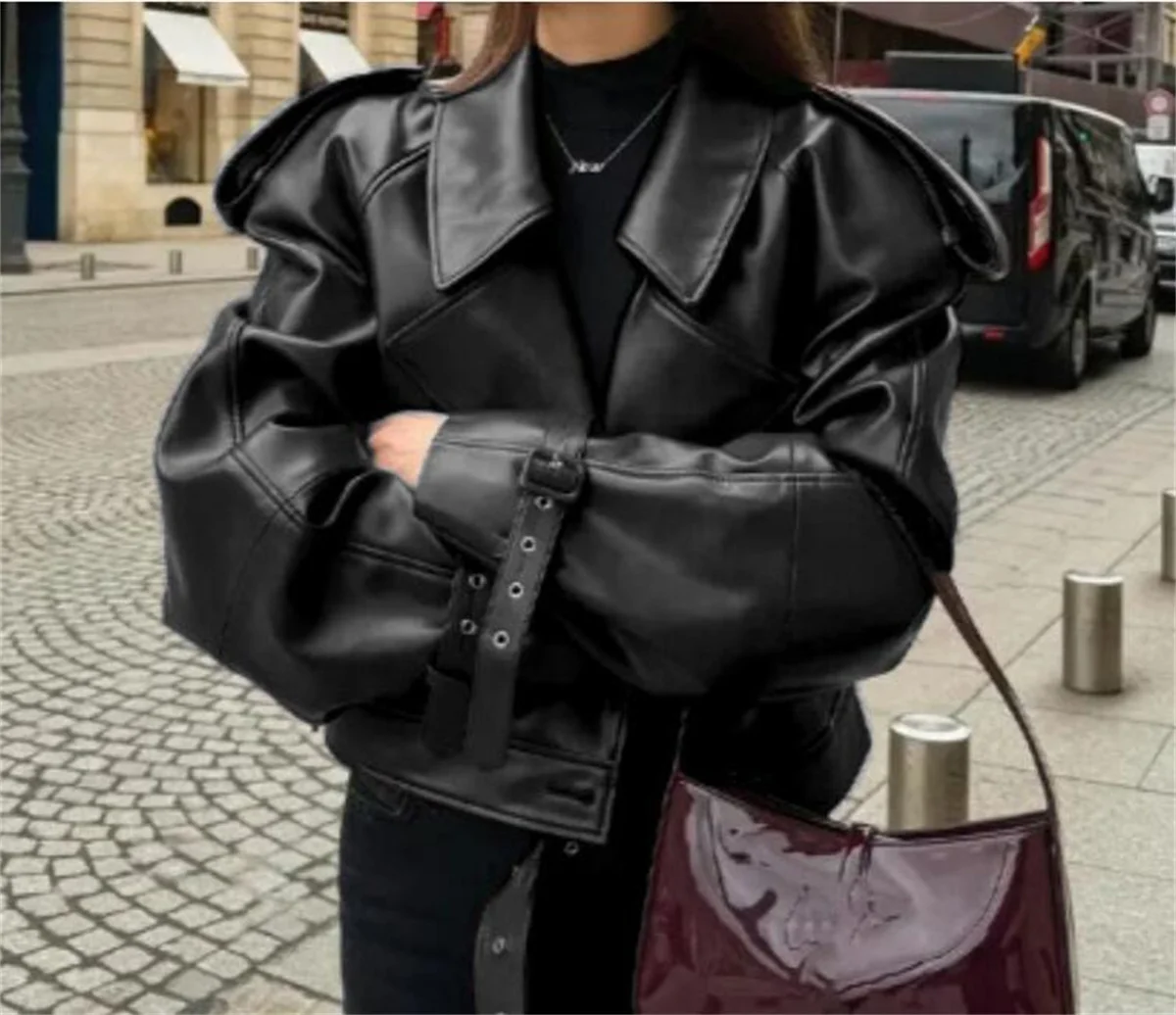 Women Vintage Lapel Fashion Coat Autumn Winter Long Sleeve Loose Leather Jacket Female Chic Outfit Coats Casual High Street Wear