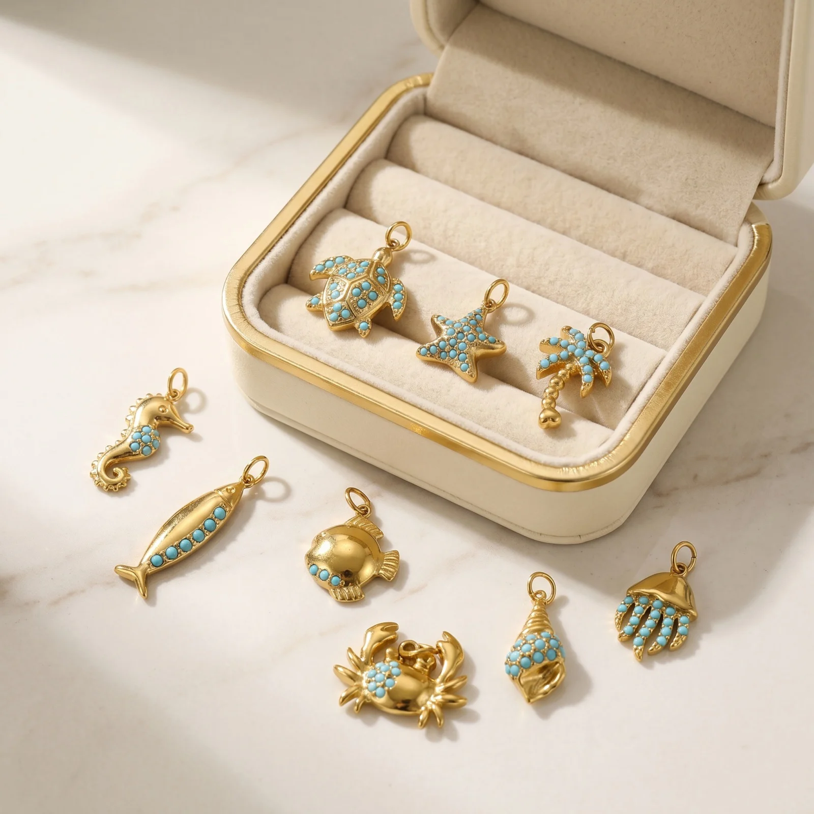 2pcs Mini Ocean Fish Turtle Crab Animal Charms Blue Rhinestone 18K Gold Plated Stainless Steel Pendants For Women DIY Jewelry view 4