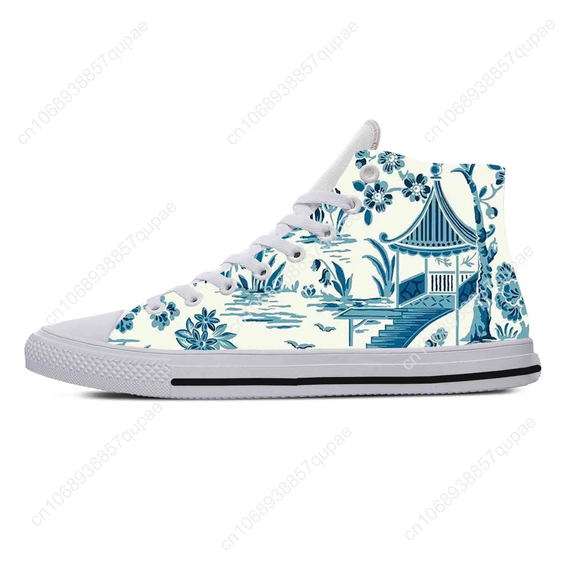 Blue White Willow Pagoda Chinoiserie Pattern Cool Casual Cloth Shoes High Top Comfortable Breathable 3D Print Men Women Sneakers