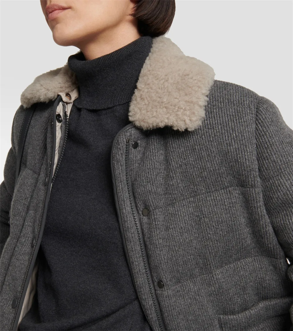 Women's Winter Casual Cashmere Jacket, Goose Down Top Clothing, Detachable Fur Collar Coat, Female Coat