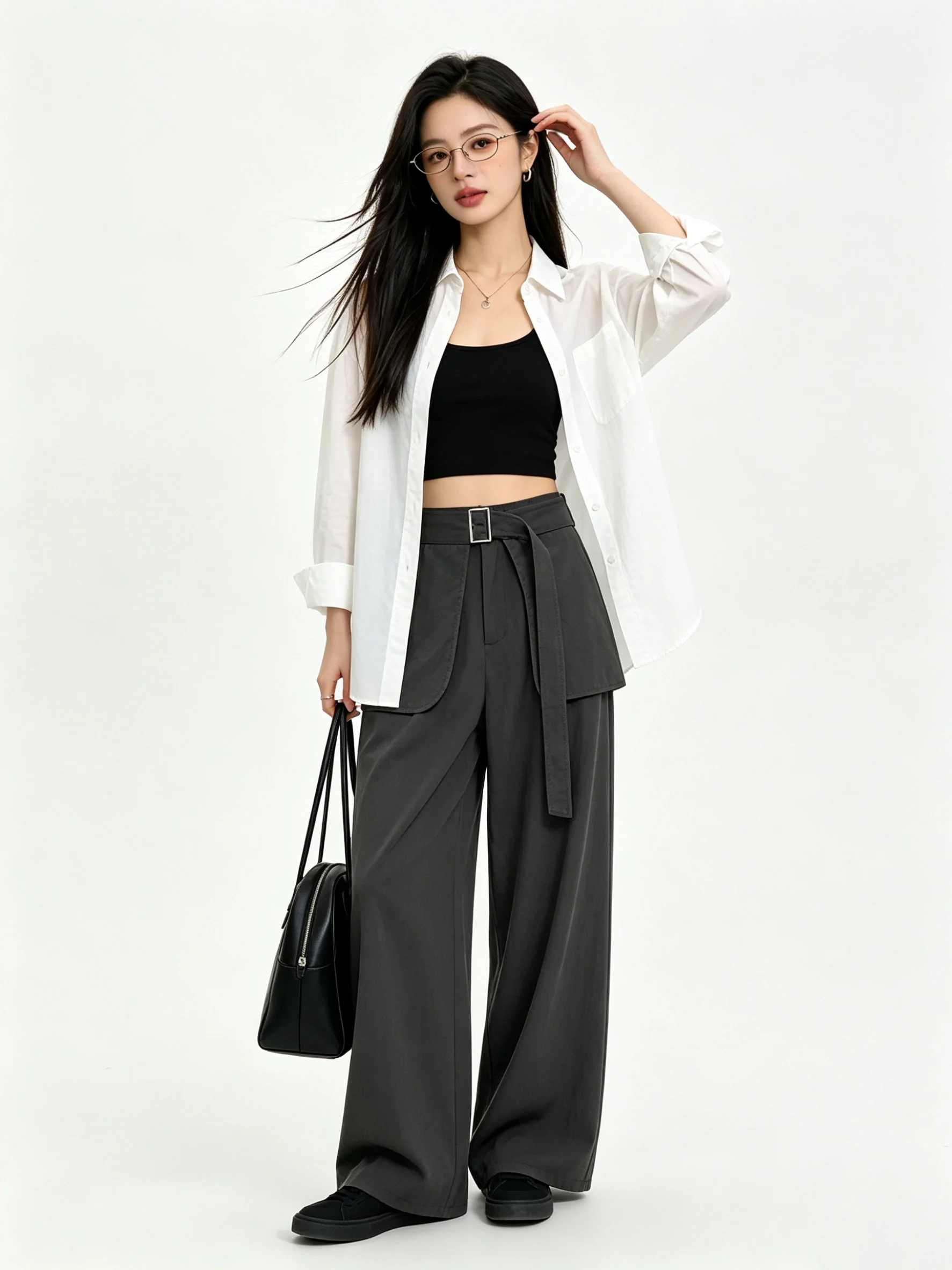 

High Waist Wide Leg Pants Women's Casual Drapey Slimming Belted Loose Long Trousers Commute Simple Style Elastic Waist