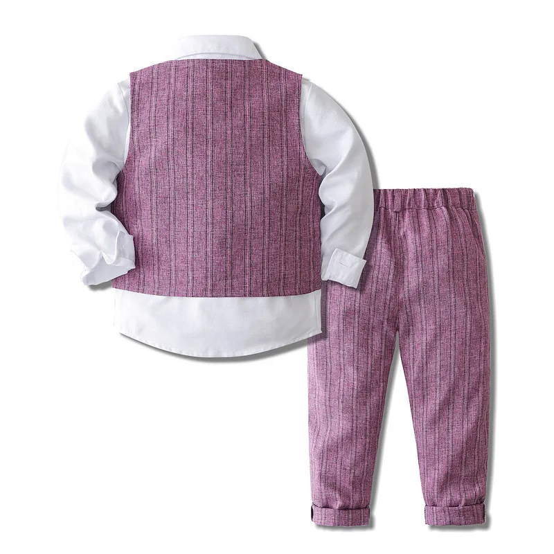 4Piece Fall Boy Clothes Korean Outfit Set Kids Fashion Stripe Gentleman Suit Tops+Vest+Pants+Tie Baby Boutique Clothing BC1106-1