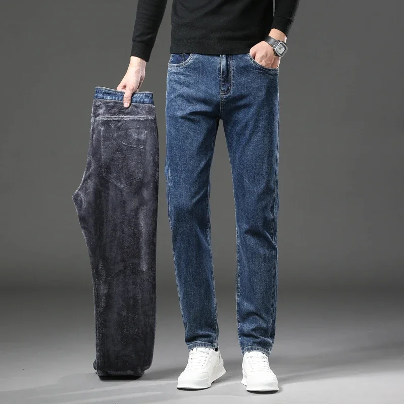2025 New Winter Men's Slim Fleece Jeans Thick Elastic Denim Pants Warm Straight Casual Male Clothes Fashion Plush Trousers