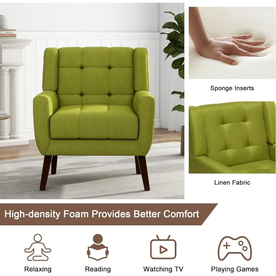 كرسي مميز كرسي بذراعين منجد حديث مصنوع من القماش لغرفة المعيشة كرسي مريح مقعد أريكة فردي مع أرجل خشبية صلبة Gree #4