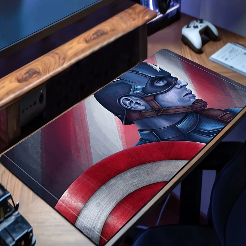 لوحة ماوس كبيرة كابتن أمريكا مشغلات الرياضة الإلكترونية سجادة كمبيوتر محمول ألعاب لوحة المفاتيح حصيرة لوحة الماوس حافة شرابة بيضاء مطاطية الجدول حصيرة
