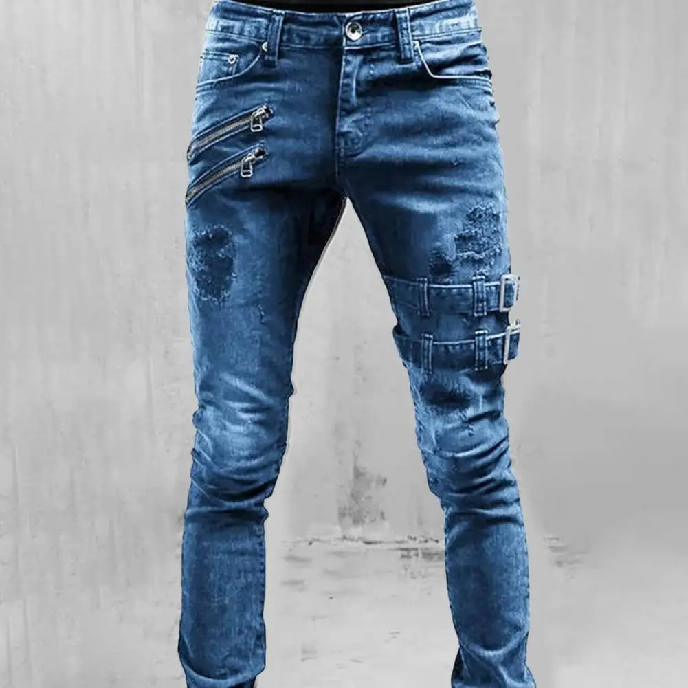 Male Trousers Skinny Men Jeans High Waist Denim Pants Zipper Placket Joggers Men Casual Hip Hop Hit Color Pocket Cargo Pants