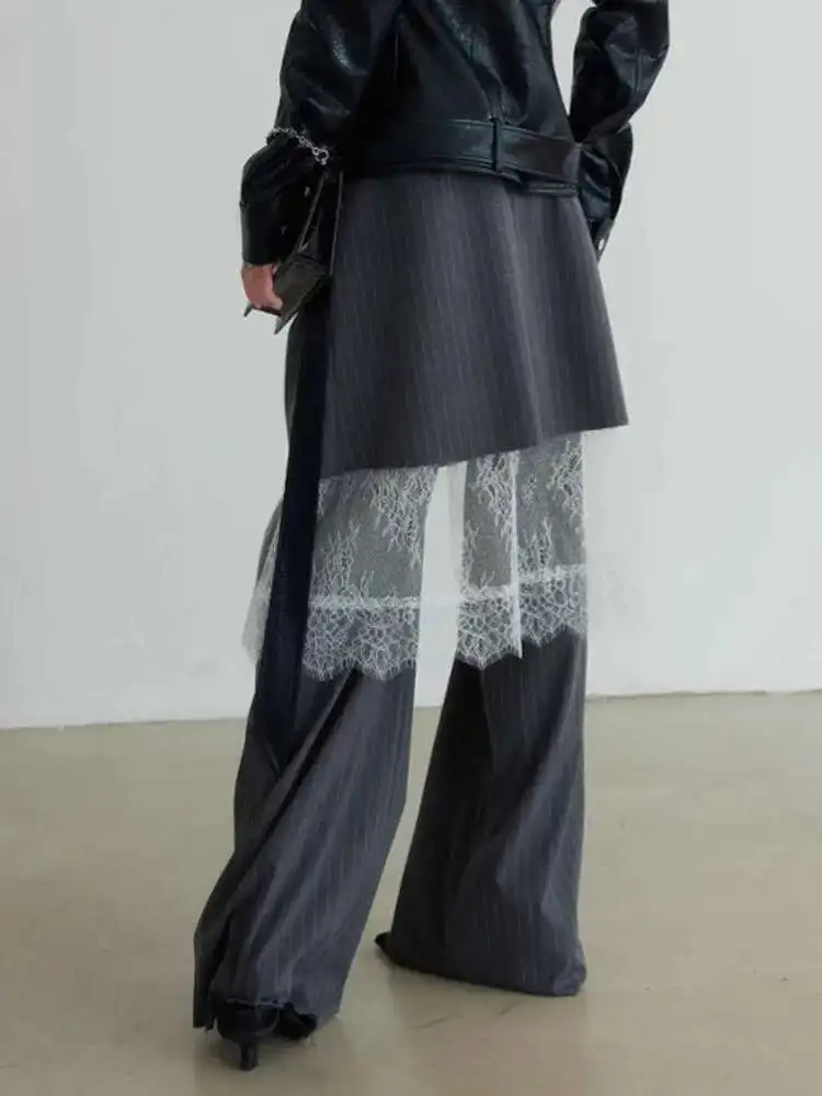 Kwtx calças femininas de renda emendada design cintura alta calças largas listradas contraste cor maré roupas soltas femininas 2025 novo