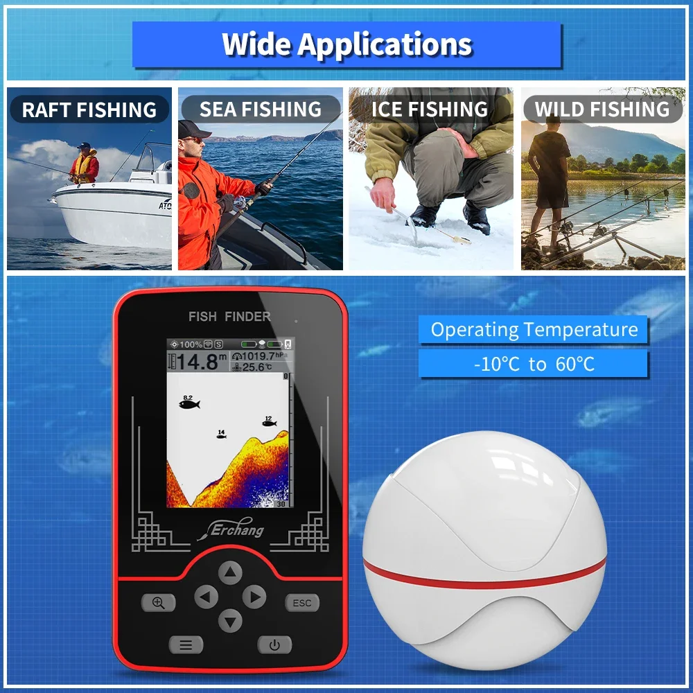Erchang Fish Finder Wireless Sounder For Fishing 60m/197ft Depth Rechargeable Echo Sounder Sonar Fishing Portable Fish Finder