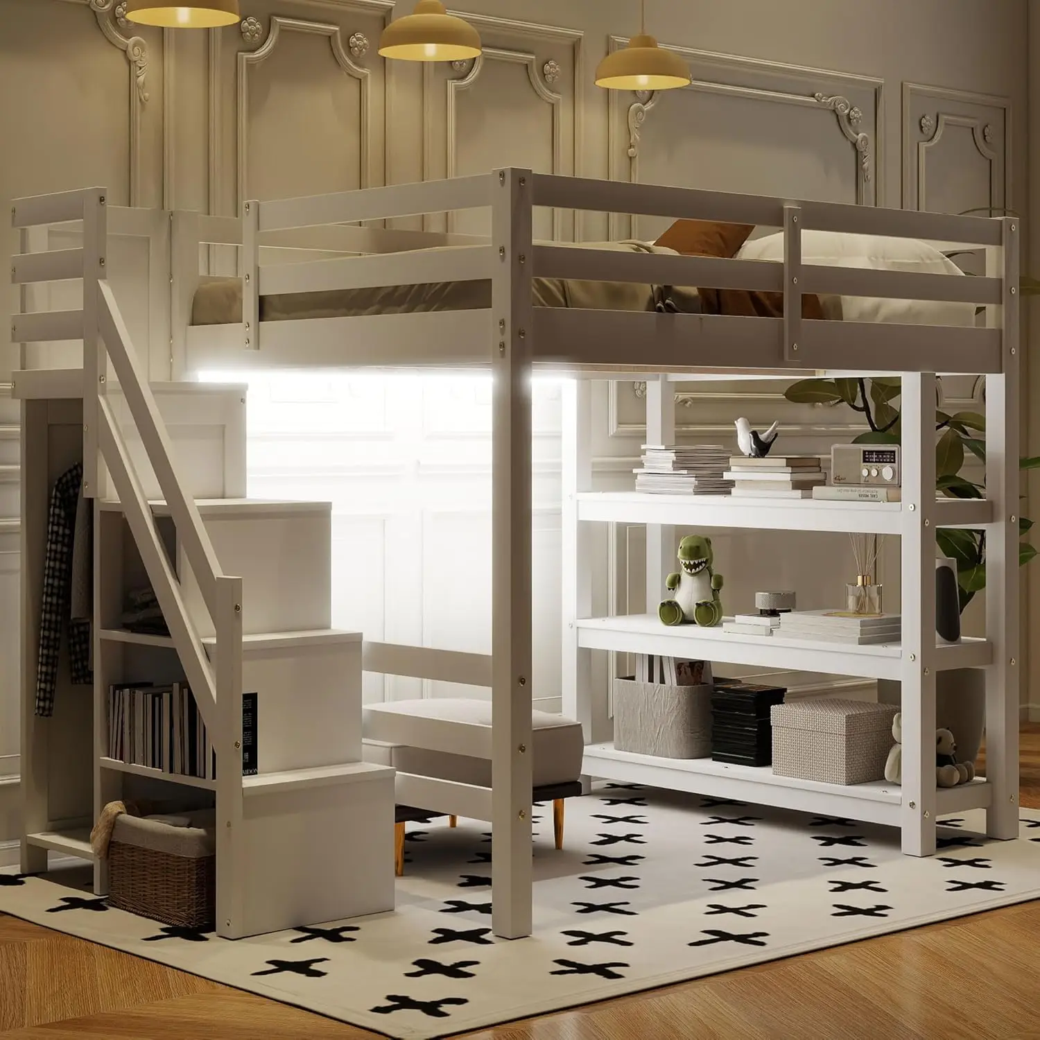 Modern Full Size Loft Bed with Storage Staircase and Shelves, Multi-Functional Solid Wood Loft Bed Frame with Small Wardrobe