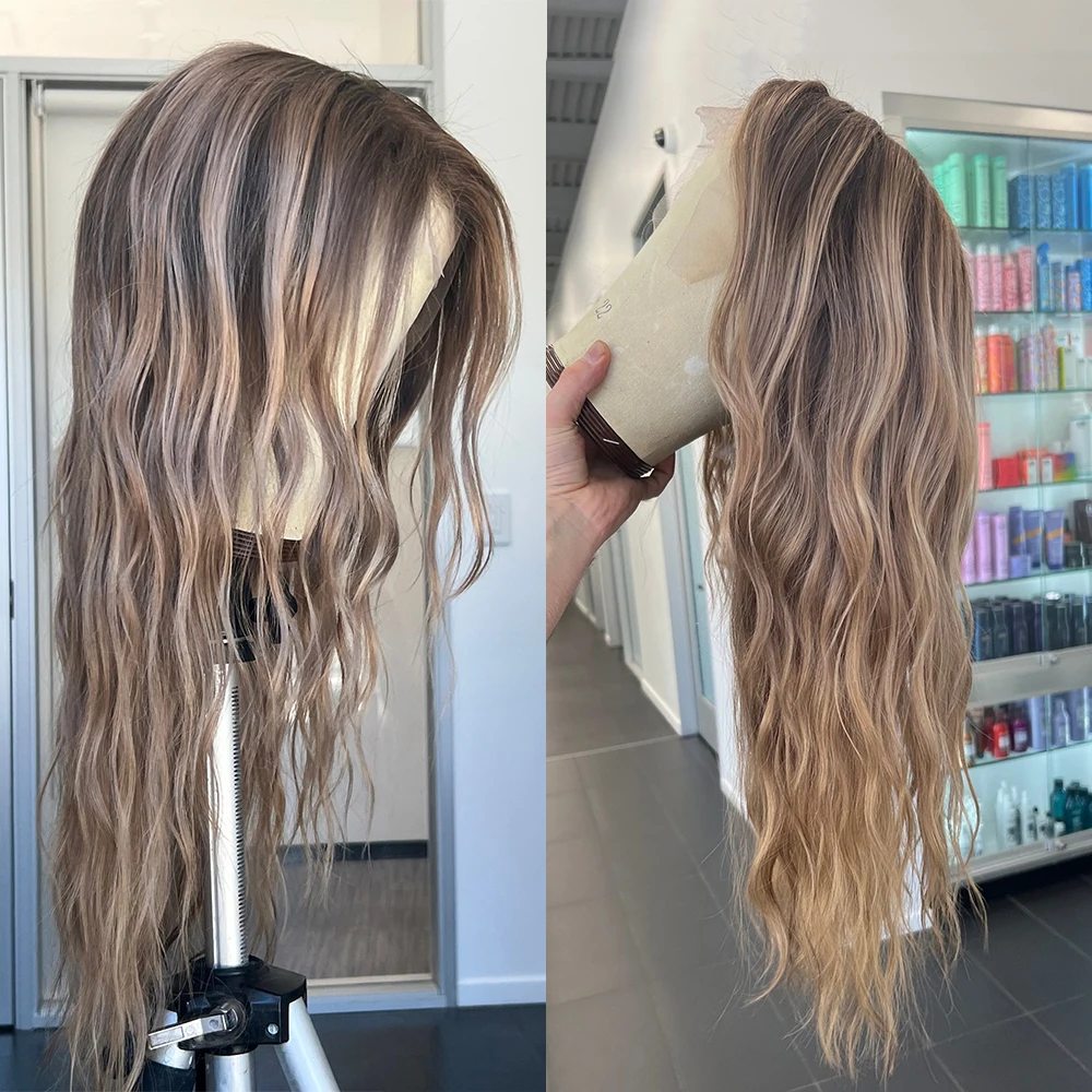 Perruque Balayage Blond Miel Coloré Personnalisé, Cheveux Humains, Racines Foncées, Vague d'Aadt, Perruques Full Lace HD, Frmetals, 13x6, Sans Colle, 200%