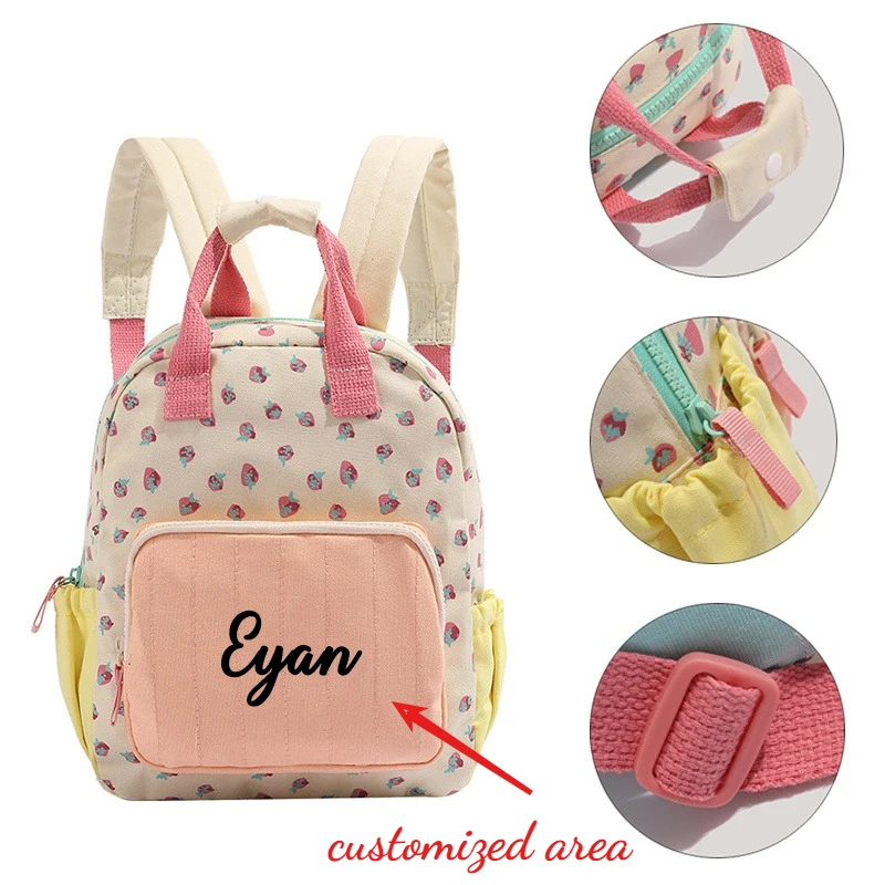 

Рюкзак с вышитым именем и клубничным принтом, милая холщовая сумка с контрастным допамином, легкий, идеально подходит для ежедневного использования, путешествий для детей