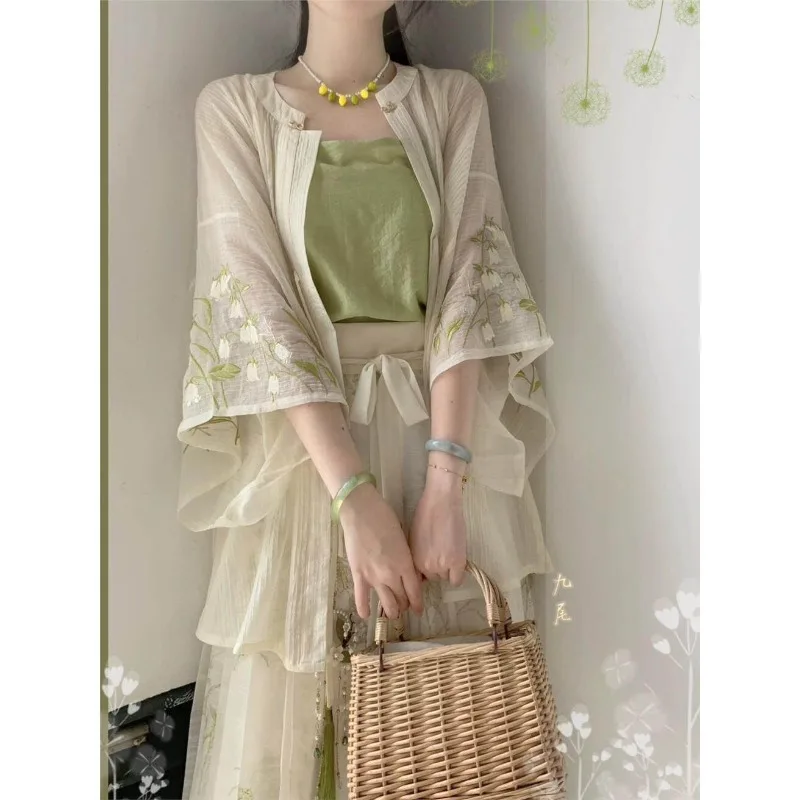 Hanfu fat mm100kg embroidered Song Dynasty round neck half sleeve women's waist pleated skirt new Chinese style daily spring